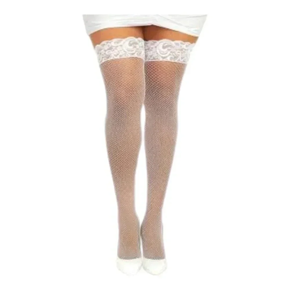 Plus Size SMALL Square WHITE Fishnet Thigh High Stocking